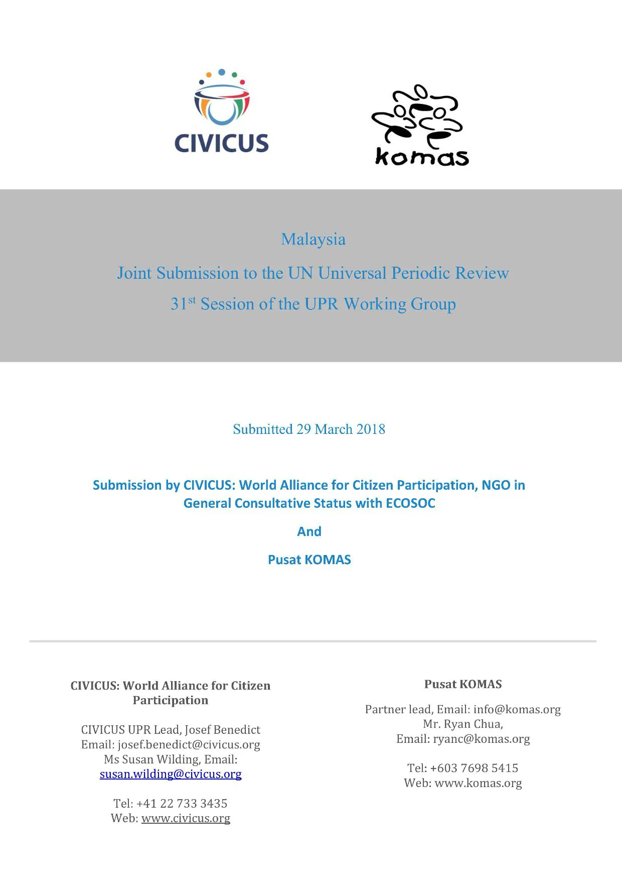 Joint CIVICUS Pusat Komas UPR Submisson Malaysia 2018 1